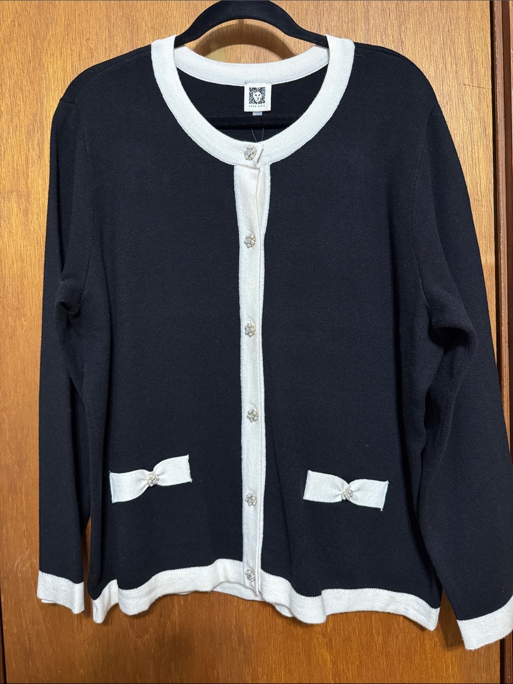 Anne Klein Black Cardigan with White Trim and Bow Pockets